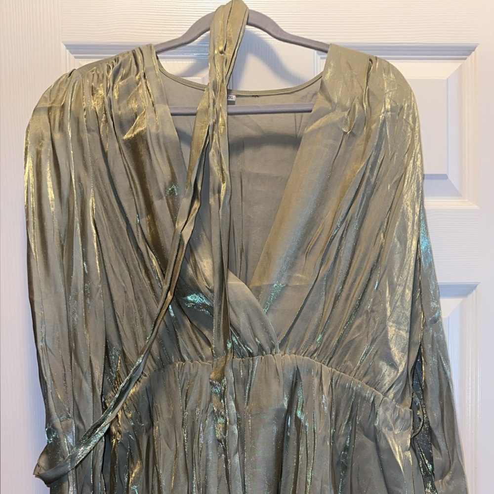Elegant Metallic Wrap Ruffle Dress